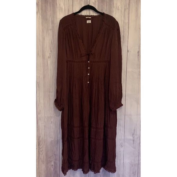 Aritzia Wilfred La Boheme Brown Button Down Long Sleeve Maxi Dress V Neck Size L - Picture 1 of 9